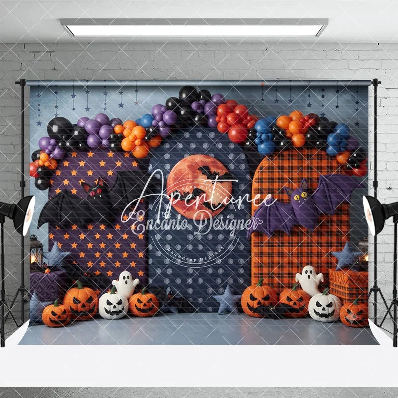 Aperturee - Aperturee Halloween Photography Backdrop featuring Spooky Bats Jack-o-Lanterns Ghosts and a Red Moon perfect for Party Decor