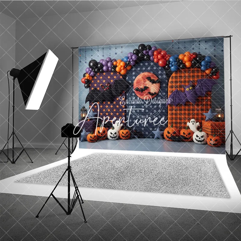 Aperturee - Aperturee Halloween Photography Backdrop featuring Spooky Bats Jack-o-Lanterns Ghosts and a Red Moon perfect for Party Decor