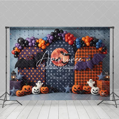 Aperturee - Aperturee Halloween Photography Backdrop featuring Spooky Bats Jack-o-Lanterns Ghosts and a Red Moon perfect for Party Decor