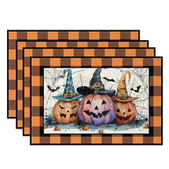 Aperturee - Aperturee Halloween Pumpkin Bat and Cobweb Set of 4 Placemats with Orange Frame for Spooky Party Decor