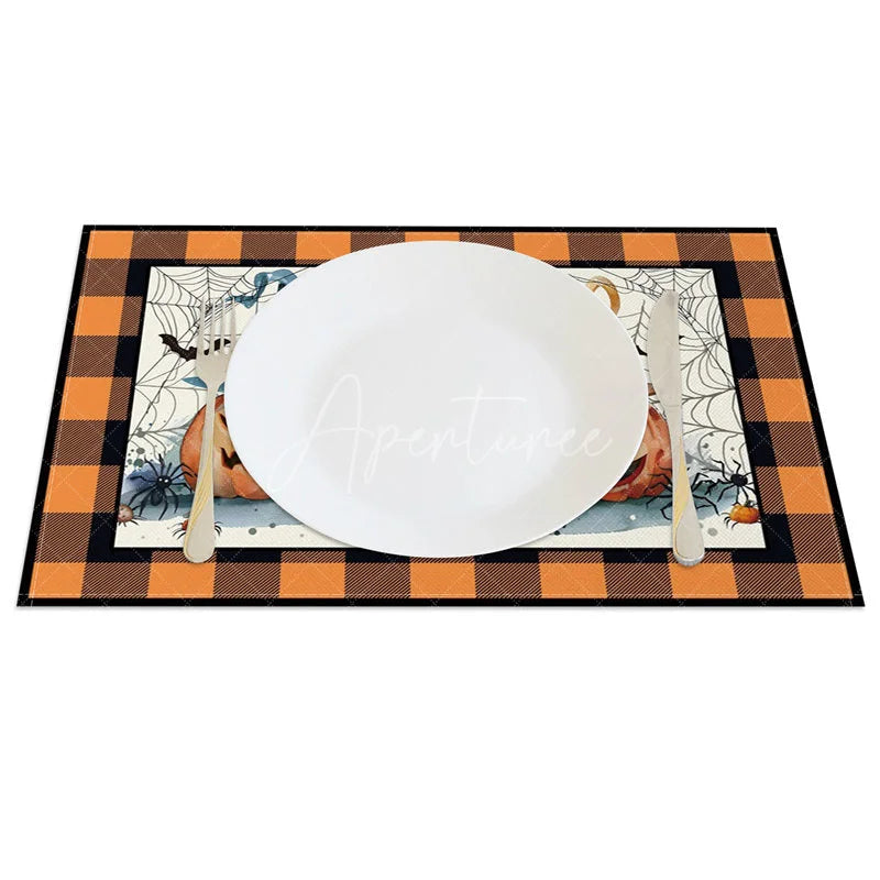 Aperturee - Aperturee Halloween Pumpkin Bat and Cobweb Set of 4 Placemats with Orange Frame for Spooky Party Decor