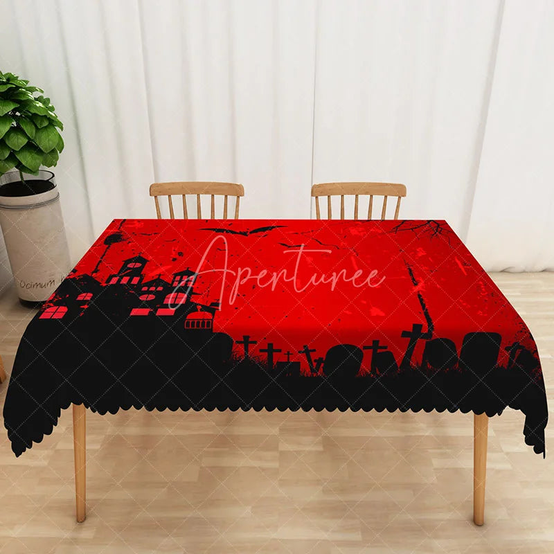 Aperturee - Aperturee Halloween Rectangle Tablecloth with Red Haunted House and Black Bats for Spooky Holiday Party Decor