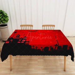Aperturee - Aperturee Halloween Rectangle Tablecloth with Red Haunted House and Black Bats for Spooky Holiday Party Decor