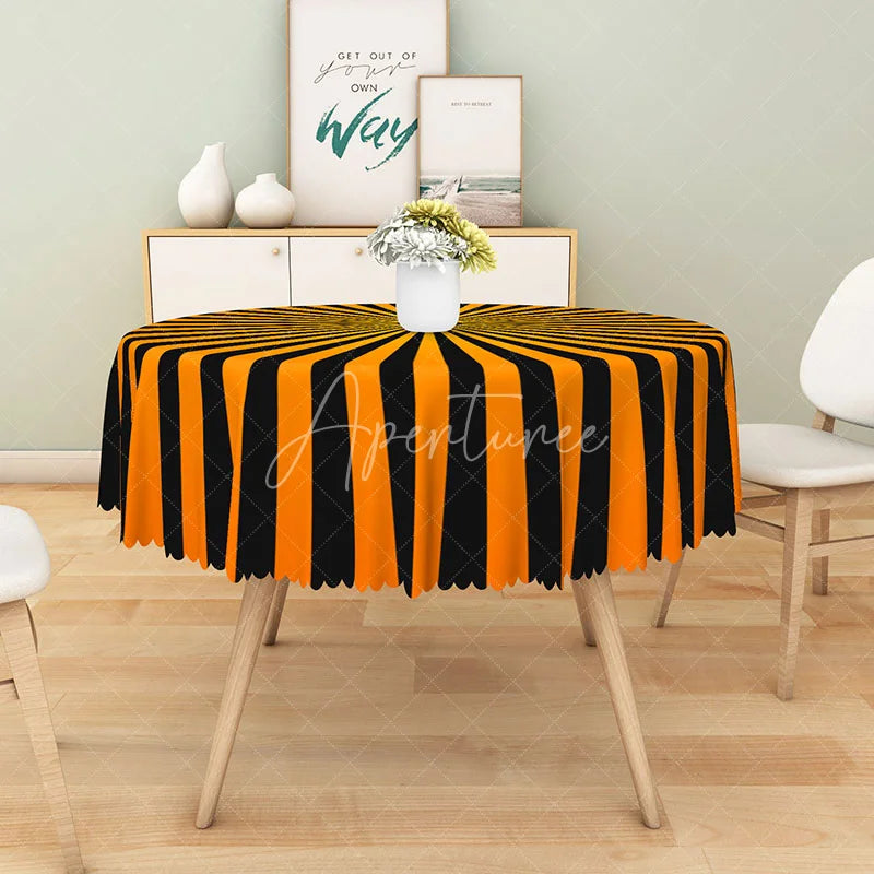 Aperturee - Aperturee Halloween Round Tablecloth with Black and Orange Stripes for Festive and Spooky Holiday Party Decor