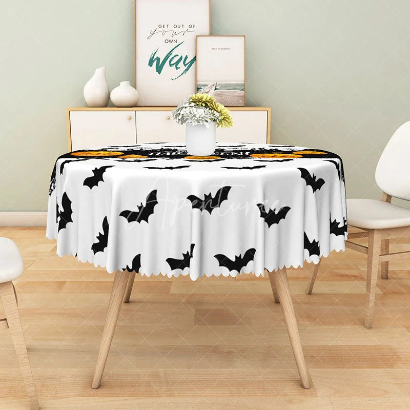 Aperturee - Aperturee Halloween Round Tablecloth with Jack-o’-Lanterns and Bats for Spooky and Festive Holiday Decor