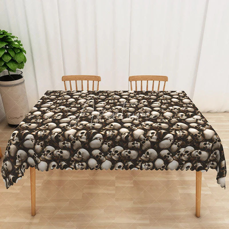 Aperturee - Aperturee Halloween Skull Rectangle Tablecloth in Brown and White for Gothic and Spooky Pirate Themed Party Decor