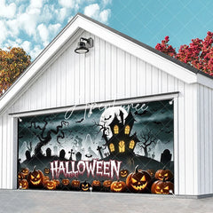 Aperturee - Aperturee Halloween Spooky Garage Door Banner Haunted House with Carved Pumpkins and Full Moon Decor