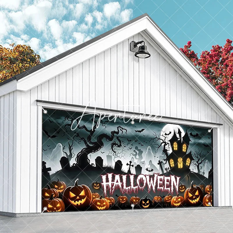 Aperturee - Aperturee Halloween Spooky Garage Door Banner Haunted House with Carved Pumpkins and Full Moon Decor