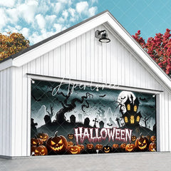 Aperturee - Aperturee Halloween Spooky Garage Door Banner Haunted House with Carved Pumpkins and Full Moon Decor