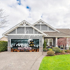 Aperturee - Aperturee Halloween Spooky Garage Door Banner Haunted House with Carved Pumpkins and Full Moon Decor