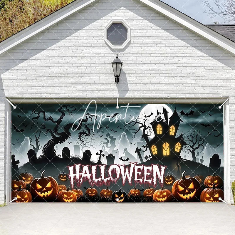 Aperturee - Aperturee Halloween Spooky Garage Door Banner Haunted House with Carved Pumpkins and Full Moon Decor