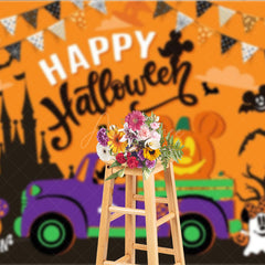 Aperturee - Aperturee Halloween Town Inspired Backdrop with Purple Truck Spooky Castle and Mouse Ear Pumpkins Cartoon Party Decor