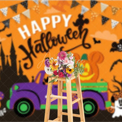 Aperturee - Aperturee Halloween Town Inspired Backdrop with Purple Truck Spooky Castle and Mouse Ear Pumpkins Cartoon Party Decor