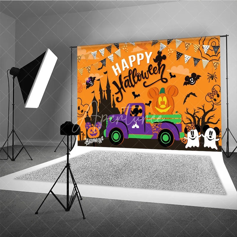 Aperturee - Aperturee Halloween Town Inspired Backdrop with Purple Truck Spooky Castle and Mouse Ear Pumpkins Cartoon Party Decor