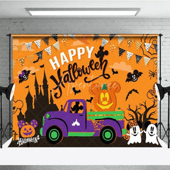 Aperturee - Aperturee Halloween Town Inspired Backdrop with Purple Truck Spooky Castle and Mouse Ear Pumpkins Cartoon Party Decor