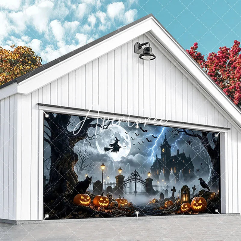 Aperturee - Aperturee Halloween Witch Full Moon Haunted Mansion Garage Door Banner Spooky Graveyard Jack-o’-Lanterns Decor