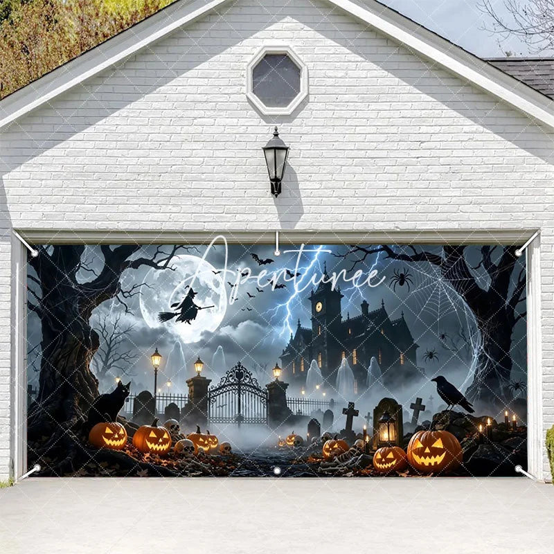 Aperturee - Aperturee Halloween Witch Full Moon Haunted Mansion Garage Door Banner Spooky Graveyard Jack-o’-Lanterns Decor