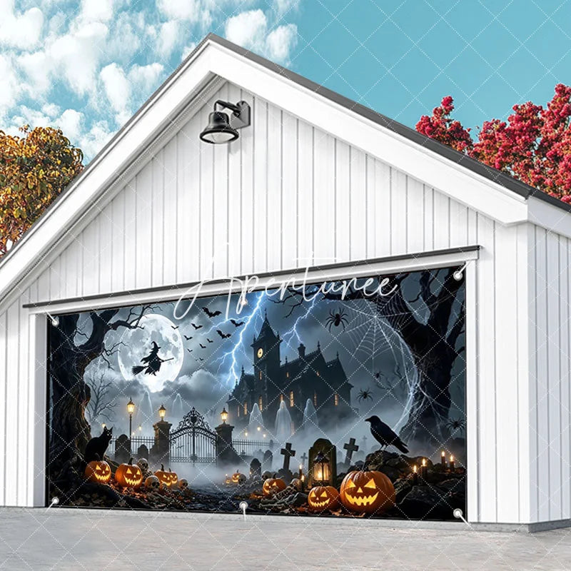 Aperturee - Aperturee Halloween Witch Full Moon Haunted Mansion Garage Door Banner Spooky Graveyard Jack-o’-Lanterns Decor