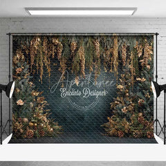 Aperturee - Aperturee Hanging Gold Pine Cone Christmas Backdrop Blue Winter Floral Photography Background