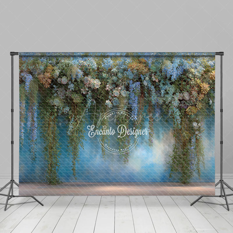 Aperturee - Aperturee Hanging Greenery and Succulent Wall Photography Backdrop Blue and Purple Floral Modern Wedding Photo Background