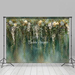 Aperturee - Aperturee Hanging Greenery and White Rose Photography Backdrop Eucalyptus Floral Wall Elegant Wedding Photo Background