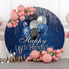 Aperturee - Aperturee Happy 18th Birthday Round Backdrop Navy Blue Silver Balloon Party Decoration Glitter Drip Background