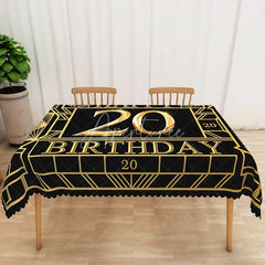 Aperturee - Aperturee Happy 20th Birthday Tablecloth in Black and Gold Elegant Party Decorations for Milestone Celebration