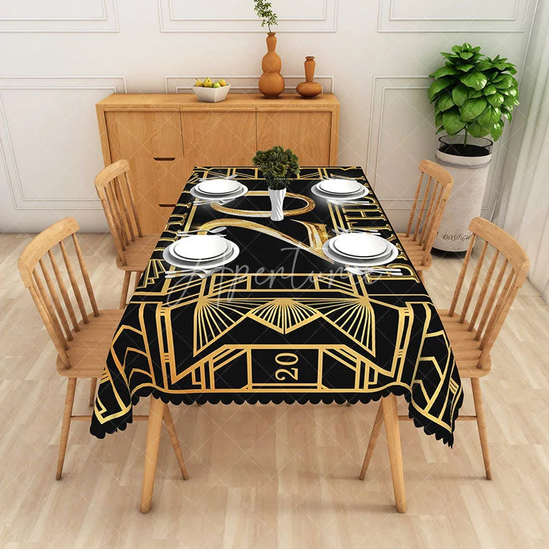 Aperturee - Aperturee Happy 20th Birthday Tablecloth in Black and Gold Elegant Party Decorations for Milestone Celebration