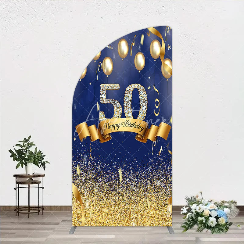 Aperturee - Aperturee Happy 50th Birthday Half Moon Arch Backdrop Royal Blue and Gold Balloons Diamond Glitter Party Decor for 50th