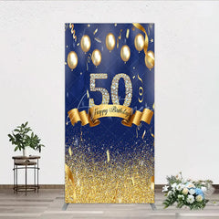 Aperturee - Aperturee Happy 50th Birthday Rectangle Backdrop Royal Blue and Gold Balloons Diamond Glitter Party Decor for 50th