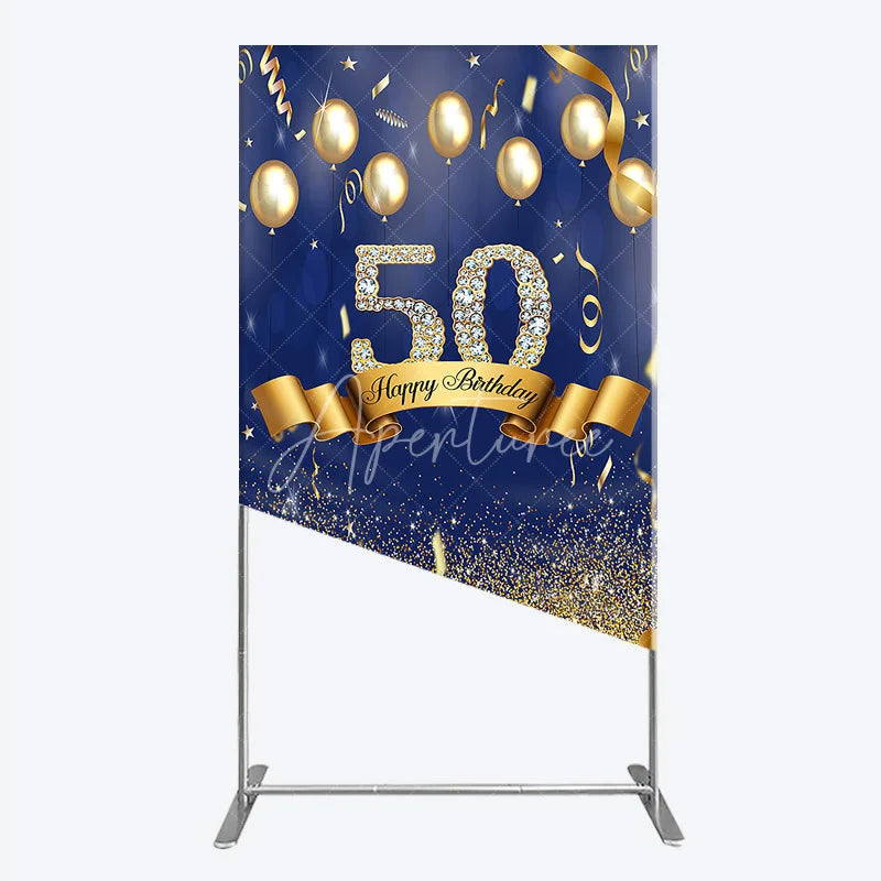Aperturee - Aperturee Happy 50th Birthday Rectangle Backdrop Royal Blue and Gold Balloons Diamond Glitter Party Decor for 50th