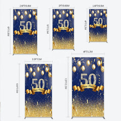 Aperturee - Aperturee Happy 50th Birthday Rectangle Backdrop Royal Blue and Gold Balloons Diamond Glitter Party Decor for 50th