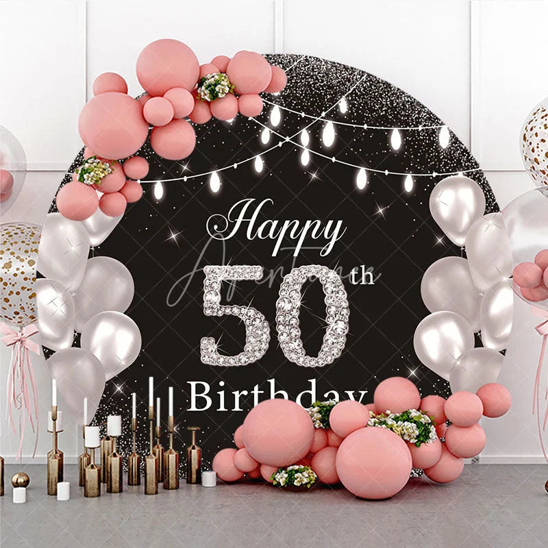 Aperturee - Aperturee Happy 50th Birthday Round Backdrop Black Silver Glitter Diamond 50th Celebration Elegant Party Decor