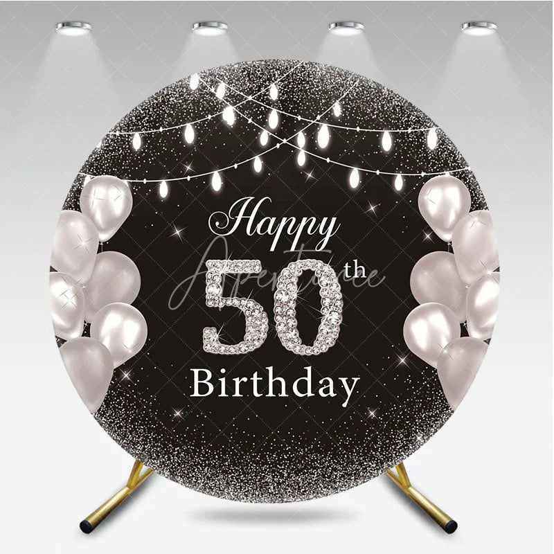 Aperturee - Aperturee Happy 50th Birthday Round Backdrop Black Silver Glitter Diamond 50th Celebration Elegant Party Decor
