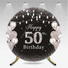 Aperturee - Aperturee Happy 50th Birthday Round Backdrop Black Silver Glitter Diamond 50th Celebration Elegant Party Decor
