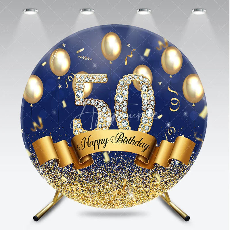 Aperturee - Aperturee Happy 50th Birthday Round Backdrop for Him or Her Royal Blue and Gold with Diamonds Cheers to 50 Years Party
