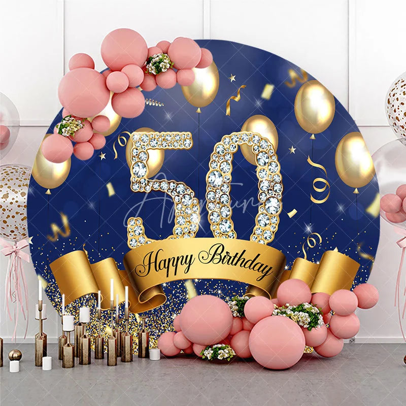 Aperturee - Aperturee Happy 50th Birthday Round Backdrop for Him or Her Royal Blue and Gold with Diamonds Cheers to 50 Years Party