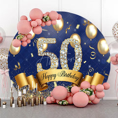 Aperturee - Aperturee Happy 50th Birthday Round Backdrop for Him or Her Royal Blue and Gold with Diamonds Cheers to 50 Years Party