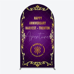 Aperturee - Aperturee Happy Anniversary Corporate Event Arch Backdrop Elegant Purple and Gold Ornate Frame Company Party Photo Booth Decor