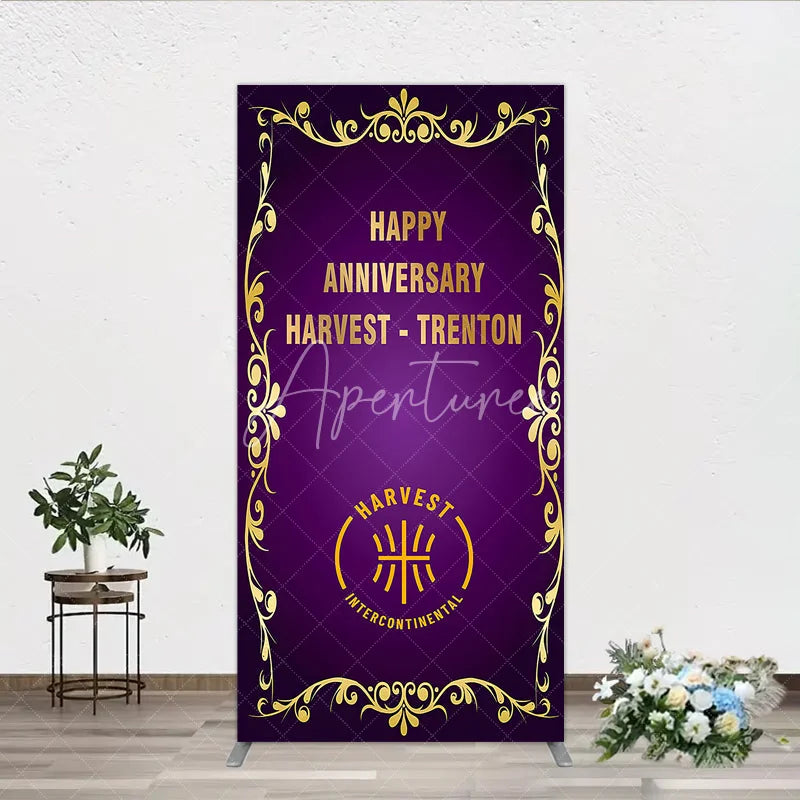Aperturee - Aperturee Happy Anniversary Corporate Event Rectangle Backdrop Elegant Purple and Gold Ornate Frame Company Party Photo Booth