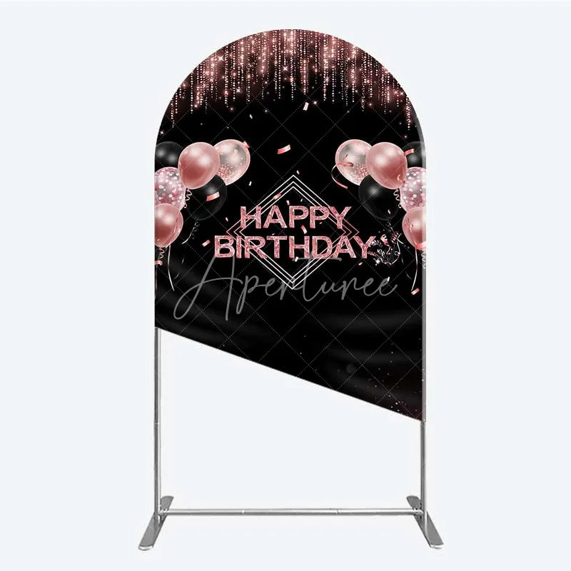 Aperturee - Aperturee Happy Birthday Arch Backdrop Rose Gold Balloons Black Glitter Champagne Decor