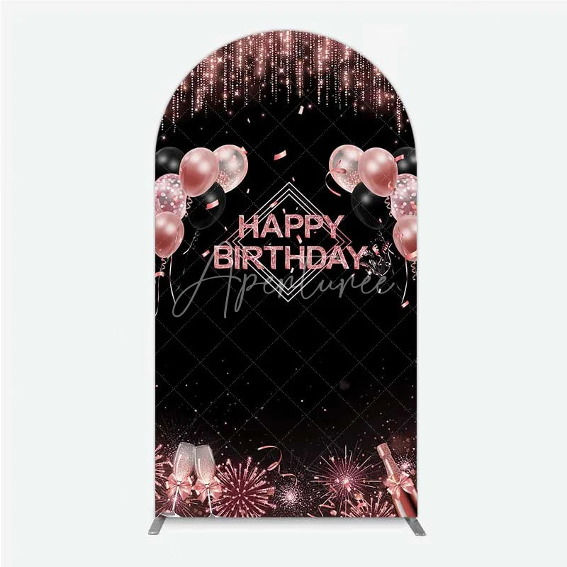 Aperturee - Aperturee Happy Birthday Arch Backdrop Rose Gold Balloons Black Glitter Champagne Decor