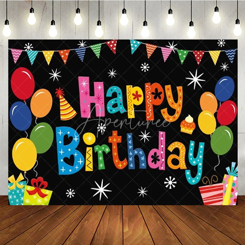 Aperturee - Aperturee Happy Birthday Backdrop Colorful Balloons Pennant Banner Black Background Kids Party Decorations Photo Booth Props