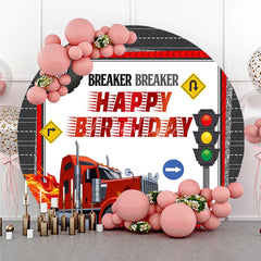 Aperturee - Aperturee Happy Birthday Big Rig Truck Round Backdrop Transportation Theme Red Semi Truck Party Supplies for Boy