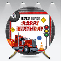 Aperturee - Aperturee Happy Birthday Big Rig Truck Round Backdrop Transportation Theme Red Semi Truck Party Supplies for Boy