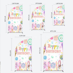 Aperturee - Aperturee Happy Birthday Candyland Half Moon Arch Backdrop Pastel Donut Ice Cream and Lollipop Sweet Shoppe Party Photo Booth