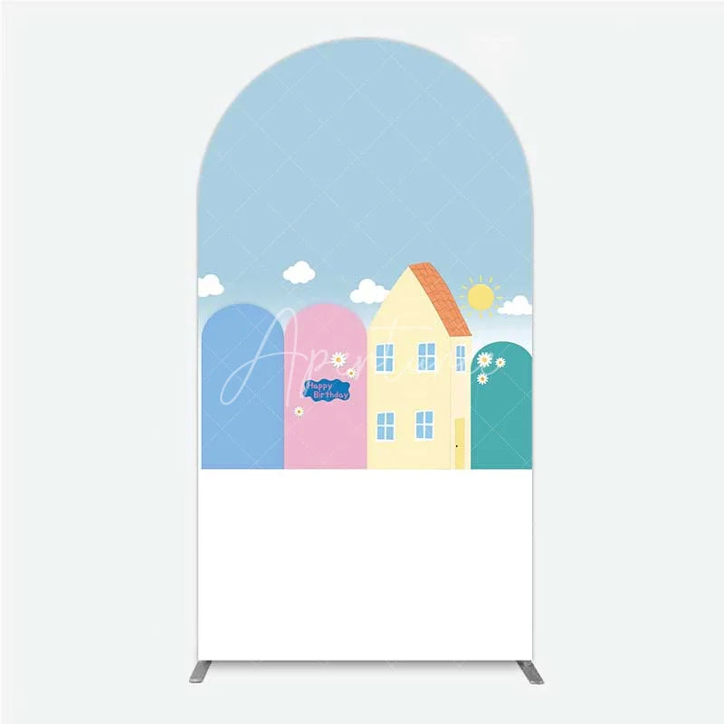 Aperturee - Aperturee Happy Birthday Cartoon Houses Arch Backdrop Simple Blue Sky with Sun and Clouds Background Kids Cute Town Party Decor