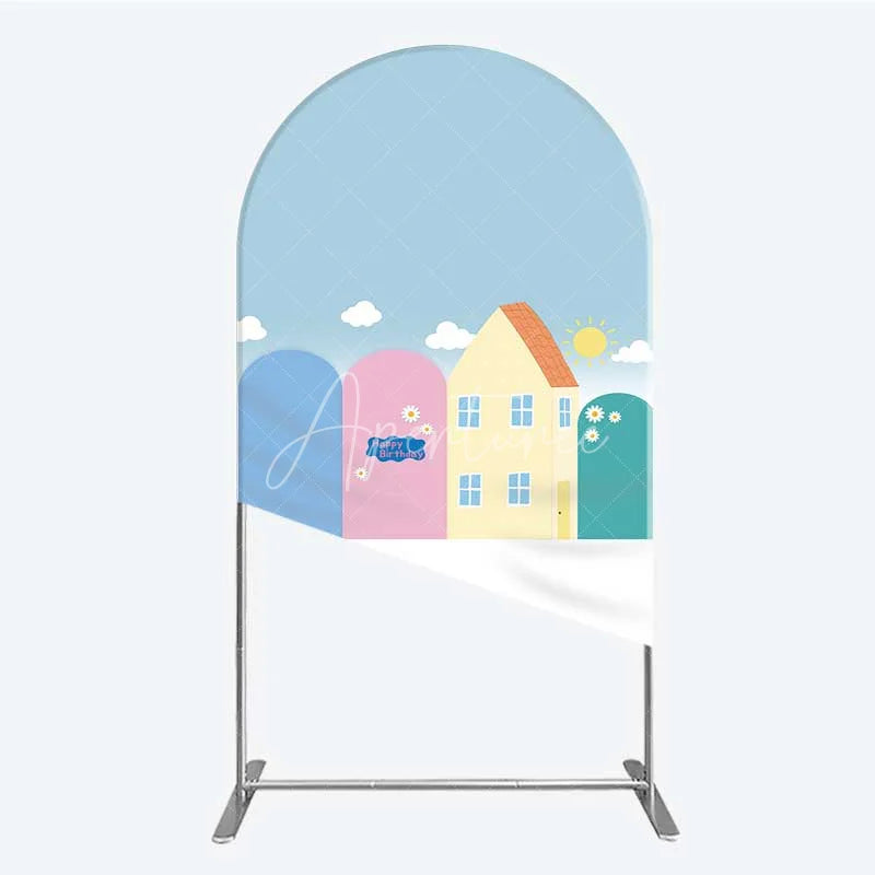 Aperturee - Aperturee Happy Birthday Cartoon Houses Arch Backdrop Simple Blue Sky with Sun and Clouds Background Kids Cute Town Party Decor