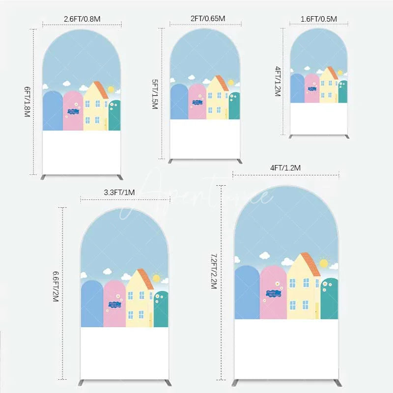 Aperturee - Aperturee Happy Birthday Cartoon Houses Arch Backdrop Simple Blue Sky with Sun and Clouds Background Kids Cute Town Party Decor