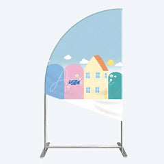 Aperturee - Aperturee Happy Birthday Cartoon Houses Half Moon Arch Backdrop Simple Blue Sky with Sun and Clouds Background Kids Cute Town